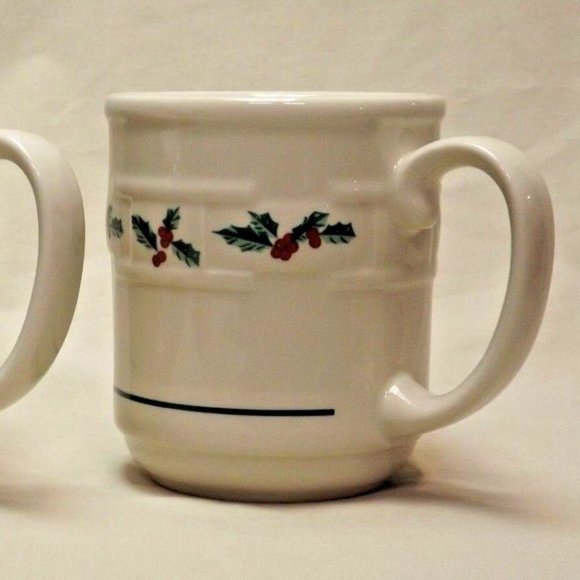 Longaberger Pottery Set of 2 Woven Traditions Traditional Holly Mugs USA - Picture 3 of 16